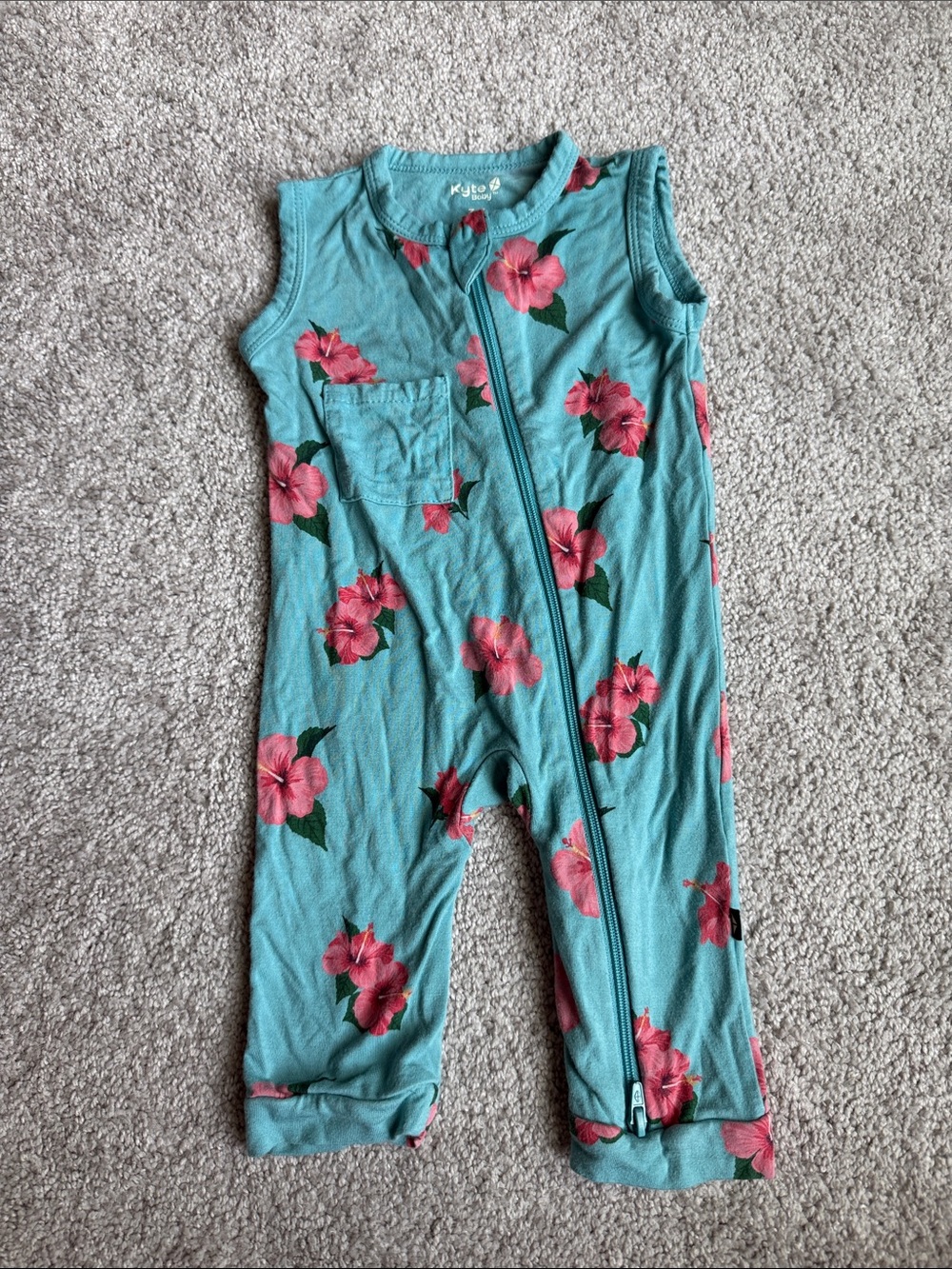 Kyte BABY Teal Romper with Pink Hibiscus Print